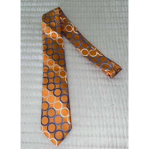 Michael Kors 100% Silk Tie Orange/Blue Circular Design - Picture 1 of 5